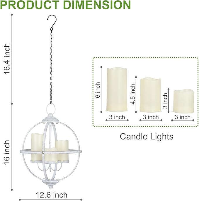 Battery Operated Outdoor Candle Chandelier - White Metal Globe Hanging Pendant Light with 3 Flameless Candles, 12.6" Waterproof Lights for Gazebo, Pergola, Garden, Porch & Backyard