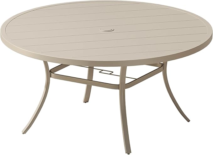 VICLLAX 60" Outdoor Round Patio Dining Table for 8-10, All Weather Metal Dining Table with Umbrella Hole for Deck Lawn Garden Backyard, Sandshell