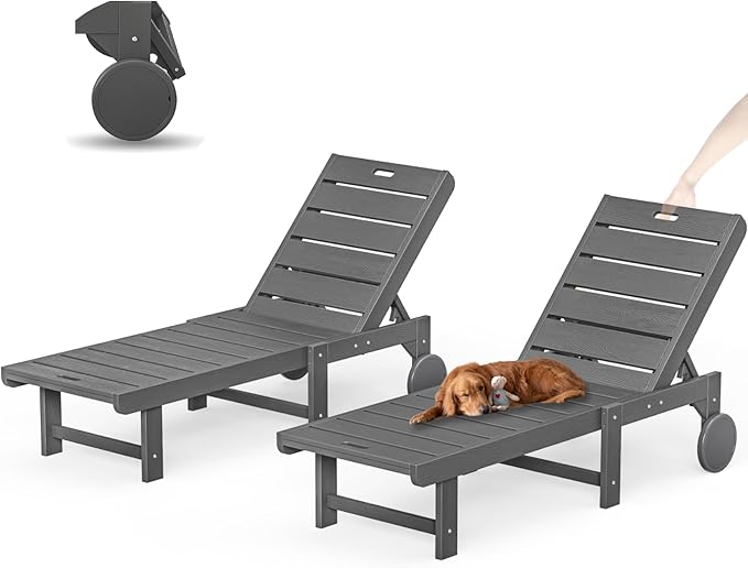 Outdoor Chaise Lounge Chairs Set of 2, 2-Piece, 26.8” Super Wide Lounge Chair Outdoor, HDPS Pool Chairs with 5 Positions, Patio Lounge Chair with Wheels for Pool,Lawn,Backyard, Dark Gray