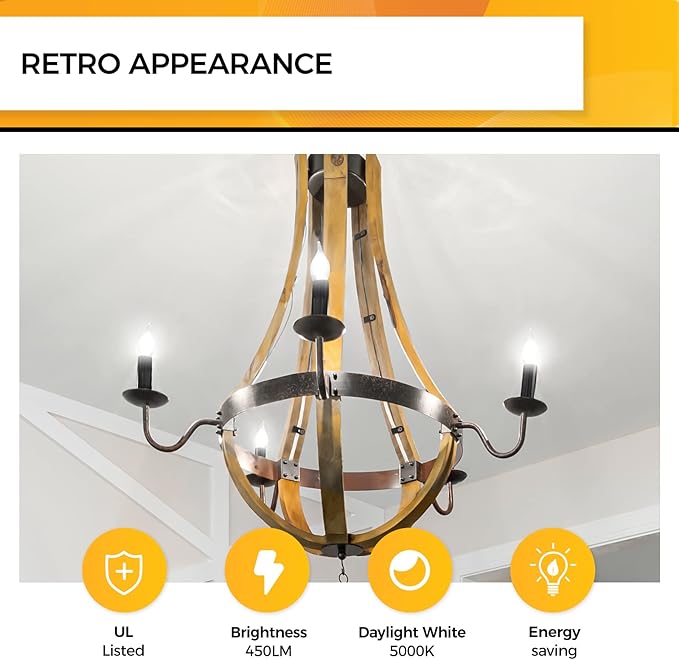 Hizashi Candelabra LED Light Bulbs, E12 LED Bulb 40W Dimmable, 90+ CRI 4W 450LM 5000K Daylight White, CA10 Chandelier Light Bulbs, Flame Tip Candle Light Bulbs, UL Listed - 12 Pack