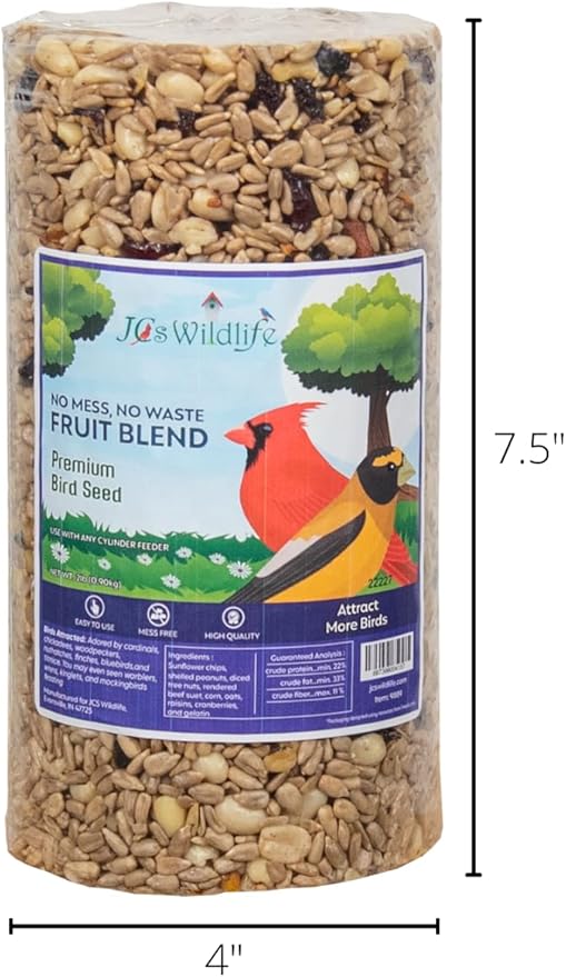 JCs Wildlife No Mess, No Waste Fruit Blend Premium Bird Seed Small Cylinder with Hole, 2 lb (2 Cylinder)