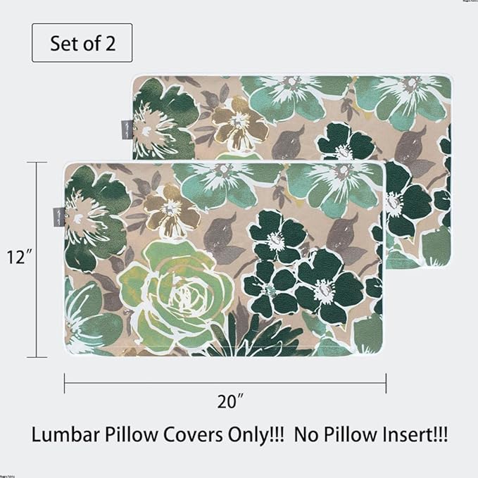Magpie Fabrics Patio Lumbar Pillow Covers ONLY 20"x12", Set of 2, Outdoor Indoor Cushion Cases Decorative Throw Rectangular Pillowcase Shell for Couch Garden - Green Floral