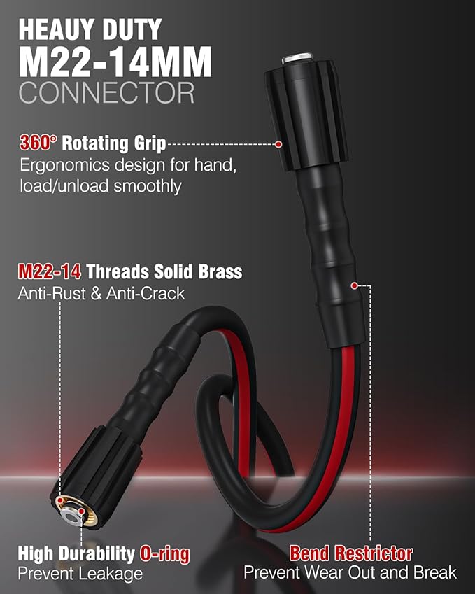 Flexible Pressure Washer Hose 25 FT, 3600 PSI Kink Resistant Power Washer Hose Replacement, 1/4" electric Washer Hose Extension With M22 Solid Brass Fitting