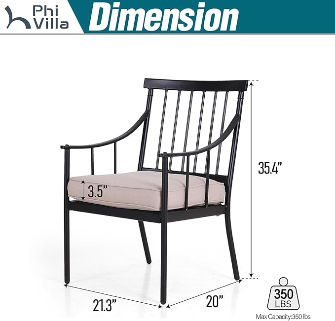 PHI VILLA Outdoor Metal Dining Chairs with Cushion, 300lbs Black Heavy Duty Weatherproof Chairs for Patio, Deck, Yard - Set of 4
