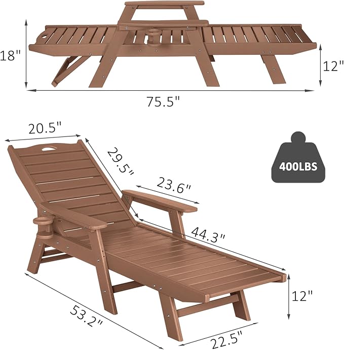 nalone Chaise Lounge Set of 2 Outdoor with 5-Position Adjustable Backrest, HDPE Lounge Chair for Outside Supports Up to 400 LBS, Pool Lounge Chairs for Patio Poolside Deck Beach Backyard (Teak)
