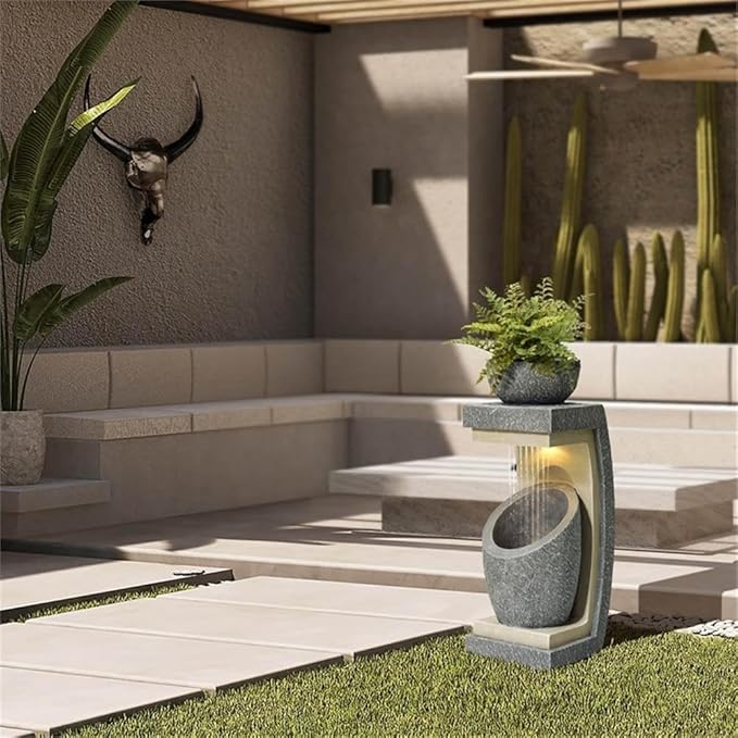 LuxenHome Water Fountain Outdoor, 32 Inch Resin Cascading Water Fountains Indoor with LED Lights, Modern Garden Decor, Small Waterfall Fountain, Outdoor Fountains and Waterfalls Garden Decor