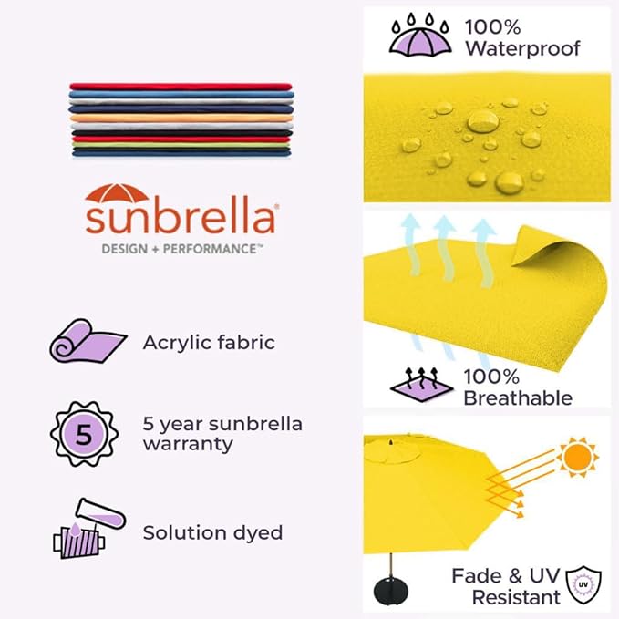 Midtown Umbrellas The Swilt 10 Feet Patio Umbrella in Sunbrella Yellow Acrylic Fabric - Fiberglass Ribs, Auto-Tilt Aluminum Frame For Backyard, Deck, Garden, Pool - White Pole