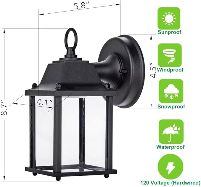 LIT-PaTH Outdoor LED Wall Lantern, Wall Sconce as Porch Lighting Fixture, 5000K Daylight White, 9.5W 800 Lumen, Aluminum Housing Plus Glass, Black Finish, 1-Pack