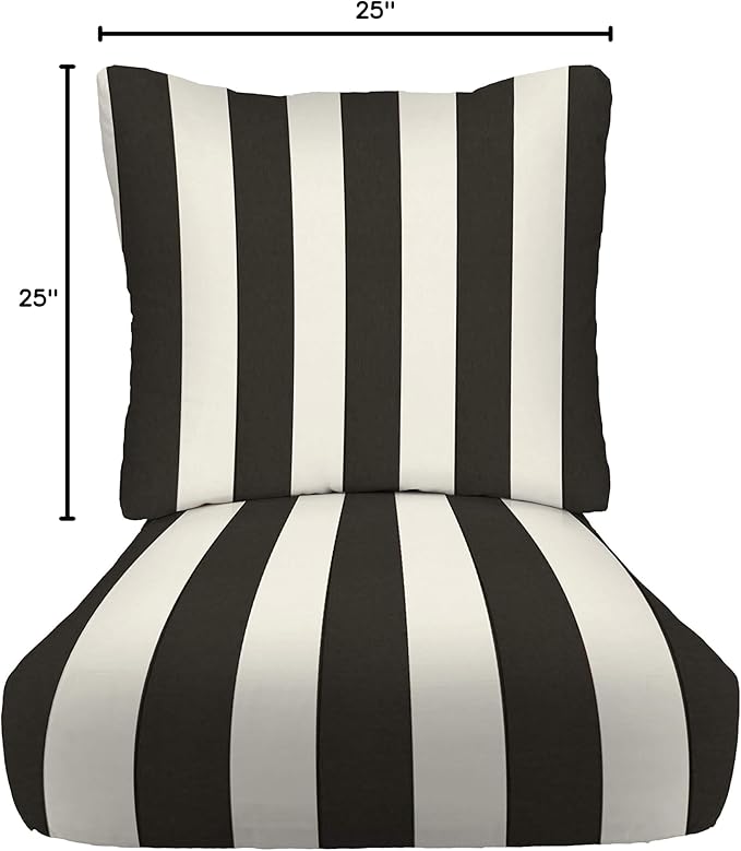RSH DECOR: Deep Seating Cushion with Pillow Back | 25” x 25” Seat | Water and Fade-Resistant Spun Fabric | Outdoor Chair Cushion Set for Patio Furniture | Black & White Stripe