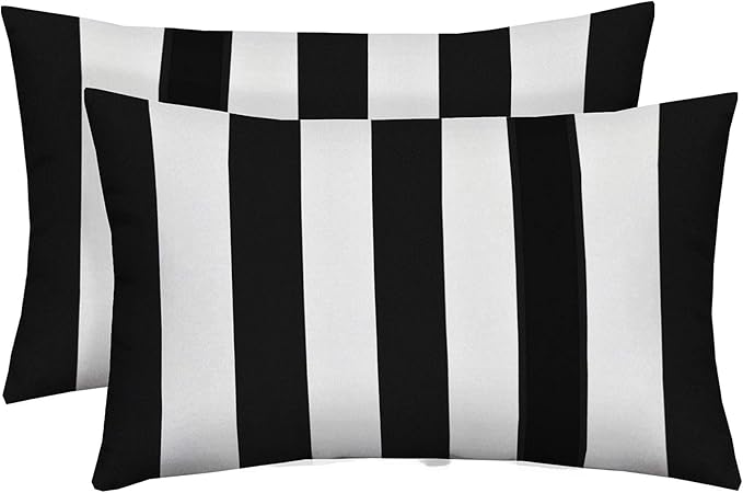 RSH Décor: Set of 2 Lumbar Throw Pillows | Indoor/Outdoor All Weather Polyester Fabric | Decorative Accent Cushions for Patio Furniture | Reversible | 26” x 16" | Black & White Stripe