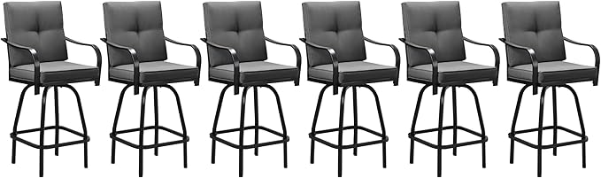 Patio Swivel Bar Stools, Outdoor High Back Swivel Bar Chair Set of 6 with Cushion & All Weather Steel Frame for Backyard, Lawn, Poolside and Balcony, Dark Gray
