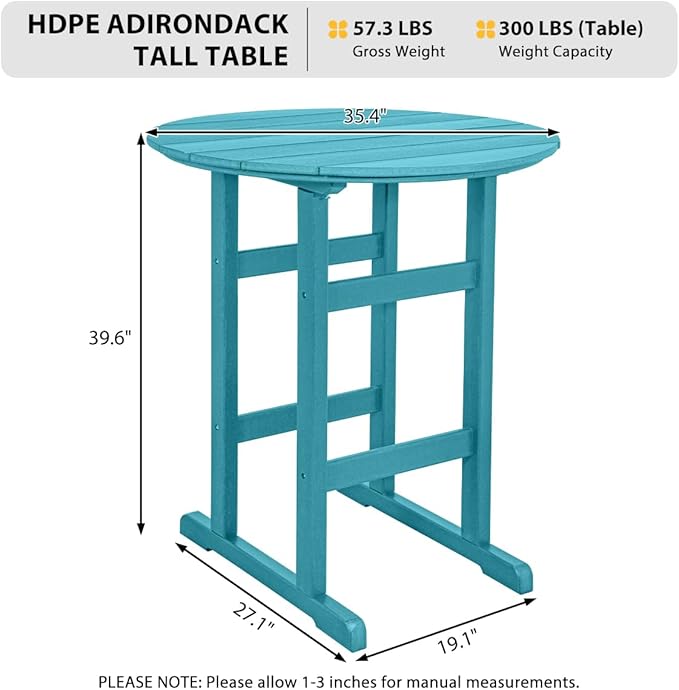 Sundale Outdoor Adirondack Round Bar Table, 39 Inch Height Patio Large Pub Table for 4, All Weather HDPE High Top Bistro Counter Tabl for Outside Deck Porch Balcony Poolside (Teal)