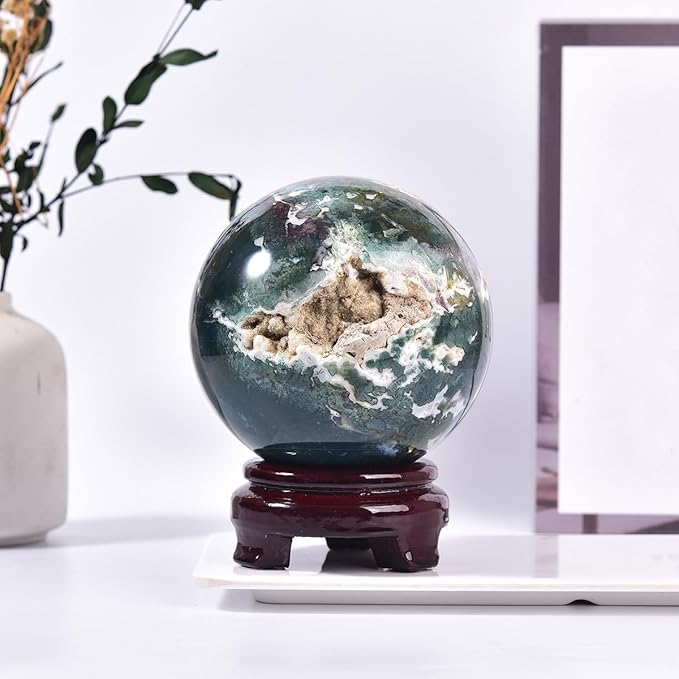Large Moss Agate Crystal Sphere Natural Healing Crystal Ball with Stand Meditation Decorative Balls Home Decor 100-110mm/3.9-4.3"