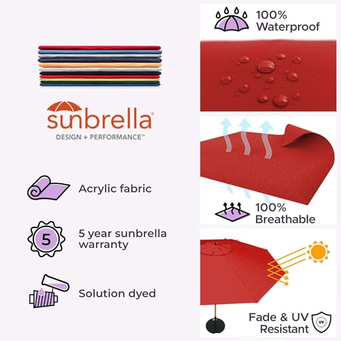 Midtown Umbrellas The Swilt 10 Feet Patio Umbrella in Sunbrella Red Acrylic Fabric - Fiberglass Ribs, Auto-Tilt Aluminum Frame For Backyard, Deck, Garden, Pool - White Pole