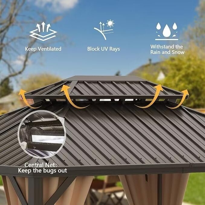 Domi 12'x14' Hardtop Gazebo Canopy Metal,Outdoor Metal Gazebo with Galvanized Steel Double Roof,Curtain and Netting,Permanent Gazebo Pavilion for Patio Deck,Backyard