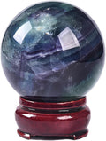 JIC Gem Natural Colorful Fluorite Crystal Sphere Crystal Decorative Ball with Wooden Stand Meditation Balls for Witchcraft Reiki Gift 60-70mm