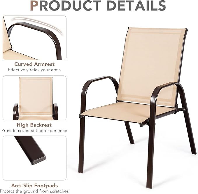 Tangkula 4 Piece Patio Dining Chairs, Outdoor Bistro Chairs W/Curved Armrests, Easy-to-Dry Fabric, Reinforced Steel Frame, Wide & Comfortable Camping Chairs for Garden, Poolside, Backyard (2, Beige)