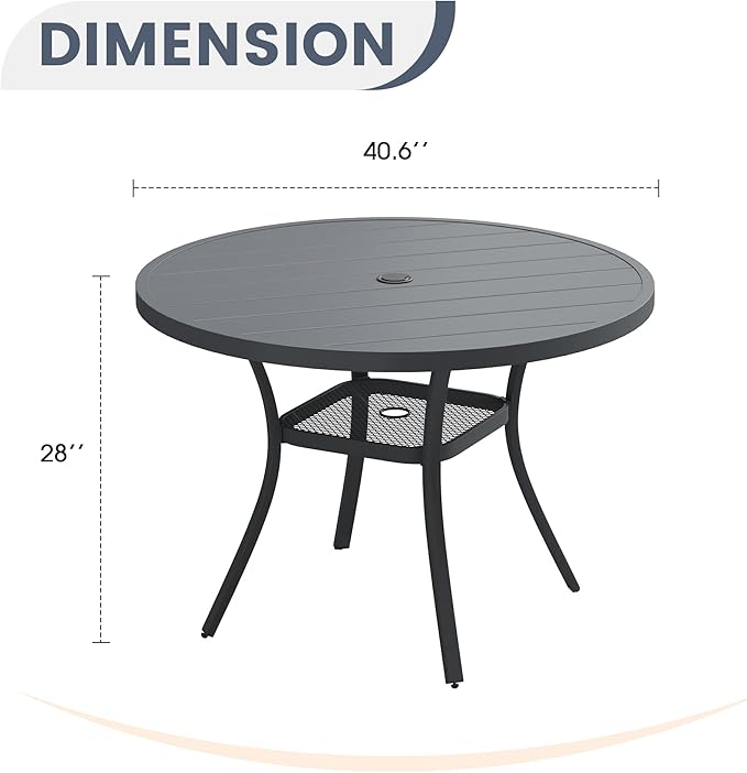 VICLLAX 40.6" Round Metal Outdoor Dining Table for 4, Patio Table with Umbrella Hole and Storage Shelf for Garden, Lawn, Deck, Dark Grey