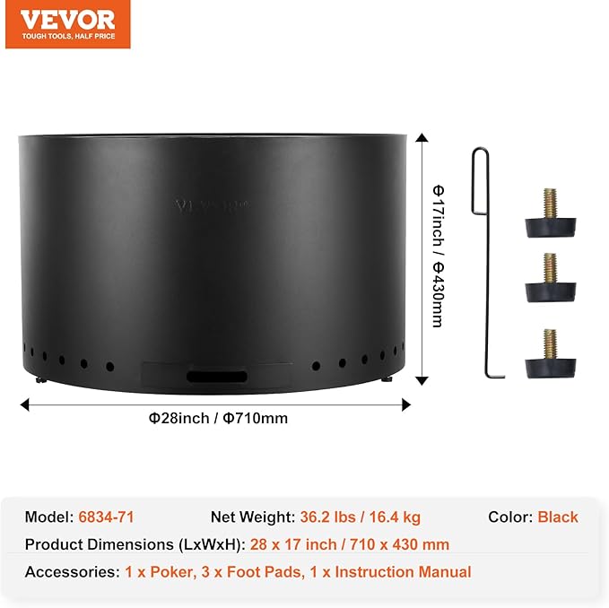 VEVOR 28 inch Smokeless Fire Pit Stove Bonfire, Wood Burning Fireplaces with Removable Ash Pan, SUS430 Stainless Steel Inner Portable Outdoor Firepit,for Outdoor Patio Camping High 17 inch