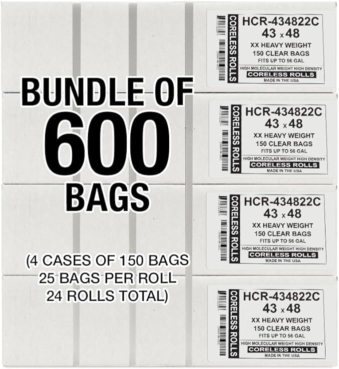 Aluf Plastics High Density Trash Bags, 56 Gallon, 600 Count, 22 Micron (eq), 43" x 48", Clear, for Bathroom, Office, Industrial, Commercial, Janitorial, Municipal, Recycling