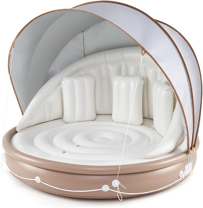 Moccha Inflatable Island with Canopy - 440 lbs Party Floats with SPF50+ Retractable Detachable Sunshade & 3 Pillows, 2-3 Person Tanning Lounger, 73” Pool Daybed, Floating Island for Lake