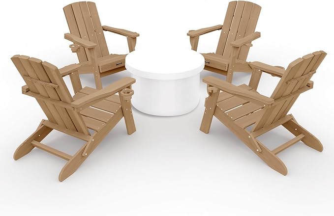 Folding Adirondack Chair Wood Texture 4 Pack, HDPE All-Weather Fire Pit Chairs, Plastic Adirondack Chairs with 2 Cup Holder, Outdoor Lawn Chair for Patio Garden (Teak)