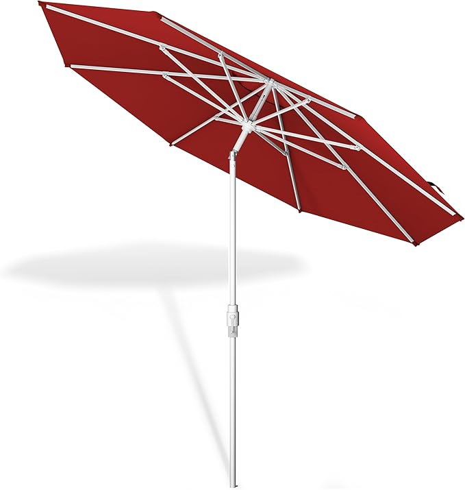 Midtown Umbrellas The Swilt 9 Feet Patio Umbrella in Sunbrella Red Acrylic Fabric - Fiberglass Ribs, Auto-Tilt Aluminum Frame For Backyard, Deck, Garden, Pool - White Pole