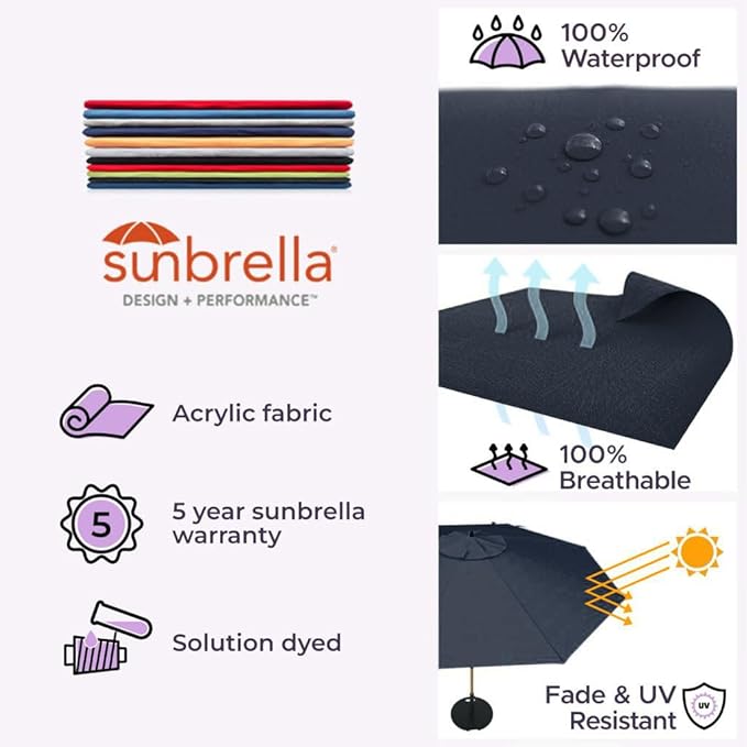 Midtown Umbrellas The Swilt 8 Feet Patio Umbrella in Sunbrella Canvas Navy Acrylic Fabric - Fiberglass Ribs, Auto-Tilt Aluminum Frame For Backyard, Deck, Garden, Pool - White Pole