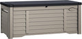 DWVO Outdoor Louver Storage Deck Box w/120 Gallon Capacity, Large Storage Box for Outdoor Pillows, Garden Tools and Pool Supplies, Resin, Waterproof, Lockable (Black & Brown)