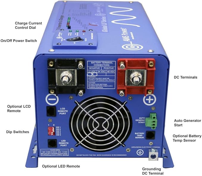 AIMS Power 2000 Watt / 6000 Watt Peak Pure Sine Inverter Charger 12 Volt DC to 120 Volt AC with LCD Remote