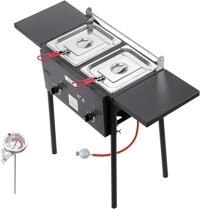 VEVOR Outdoor Propane Deep Fryer, Dual-Tank 8QTx2 Commercial Fryer, Stainless Steel Cooker with Foldable Platform, Dual Basket, and Heat Adjustment, Floor Standing Fryers for Restaurant Home Snack Bar