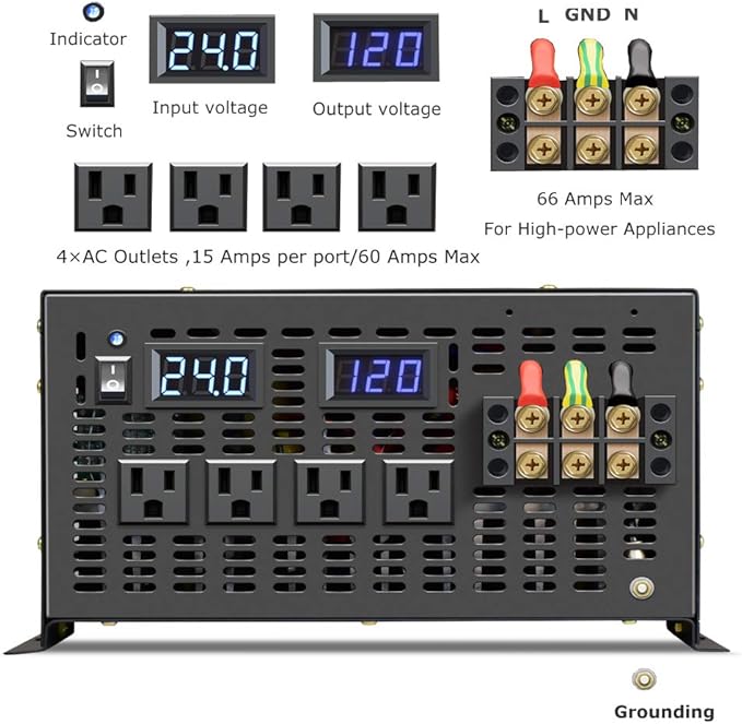 WZRELB 8000 Watt Max Continuous Power 16000 Watt Peak Heavy Duty Pure Sine Wave Inverter 24V DC to 120V AC 60HZ Truck/RV Converter Solar & Wind Power Supply for Home Camping Van