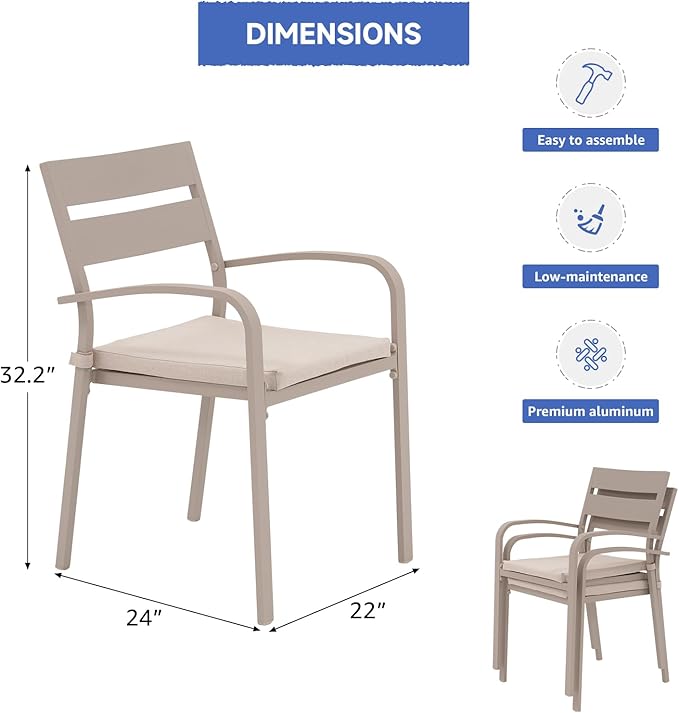 Soleil Jardin Outdoor Aluminum 4-Piece Patio Dining Chairs with Cushions, Stackable Bistro Chairs for Balcony, Garden, Backyard, Flaxen Finish & Beige Cushion