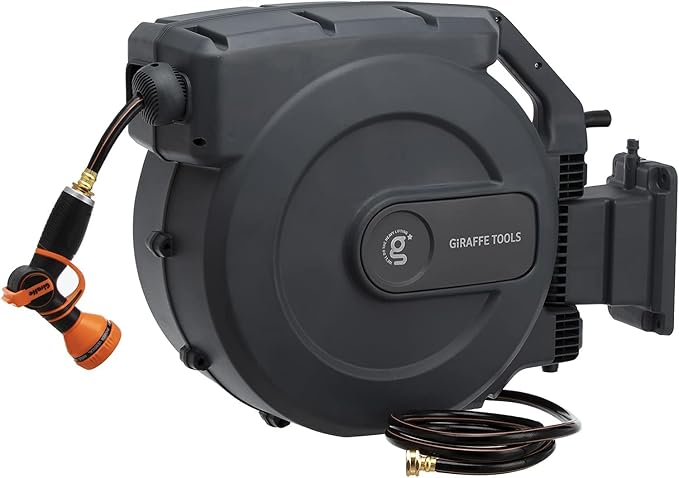 Giraffe Tools Retractable Garden Hose Reel 1/2 Inch x 155 with 5 ft Leader Hose, Heavy Duty, Any Length Lock, Slow Return System, Wall Mounted and 180 Deg Swivel Bracket