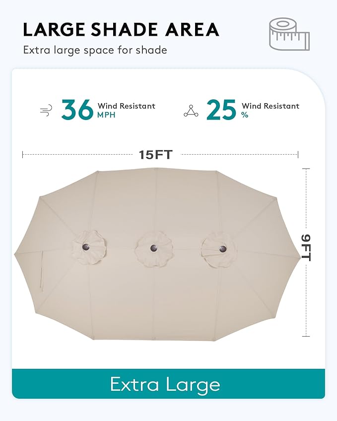 SERWALL 8-Piece Patio Dining Sets with 15FT Double Side Patio Umbrella, Outdoor HDPE Dining Furniture Set with Umbrella Hole Cut-Out Table and 6 Chairs, Brown（Umbreall Base not Included）