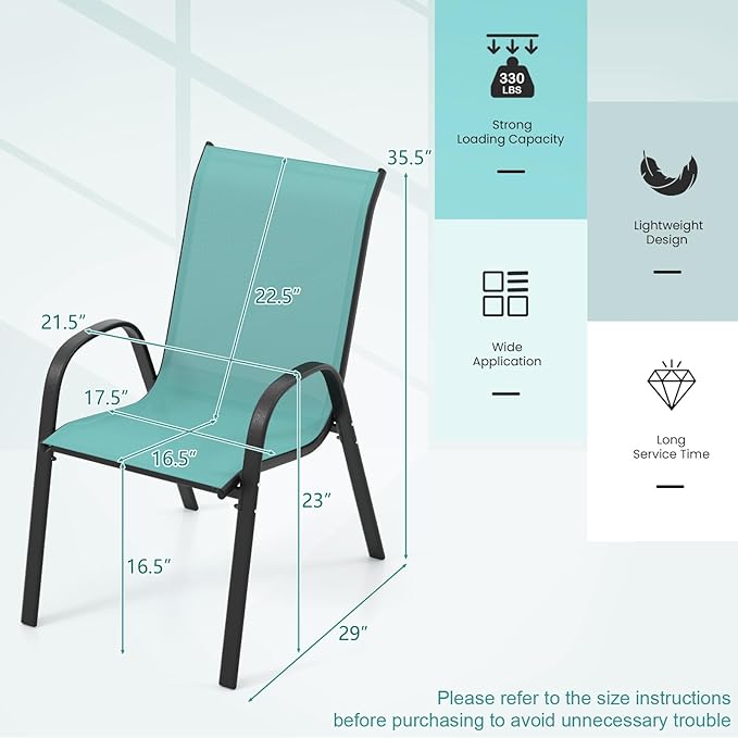 Tangkula Patio Dining Chairs Set of 4, Outdoor Stackable All Weather Heavy Duty Dining Chairs Set with Armrests, Support 330 LBS, for Poolside, Backyard, Garden, Deck, Front Porch (Turquoise Blue)