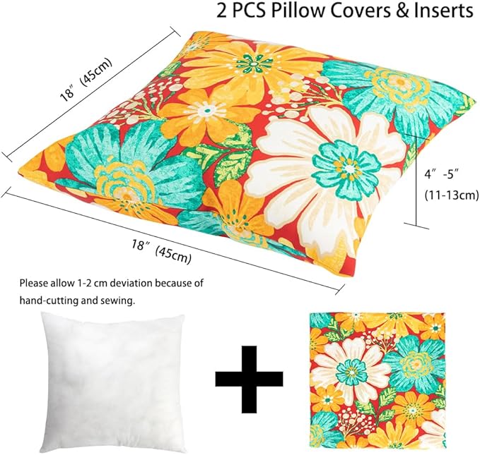 Magpie Fabrcis Pack of 2 Outdoor Waterproof Throw Pillow with Insert 18 x 18 Inch, Christmas Decorative Back Cushion Pad for Garden Patio Tent Balcony Couch Sofa (Embry Red Hibiscus)