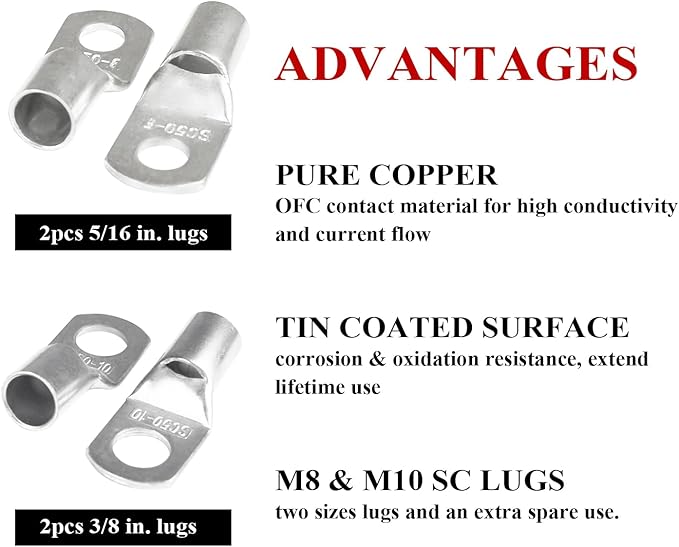 2 Gauge Battery Welding Cable (Red, 2 Feet) - 2 AWG Copper Clad Aluminum Power Wire with M8 & M10 Copper Cable Lug Ends for Auto, Camper, RV, Truck, Solar Low Voltage Wiring