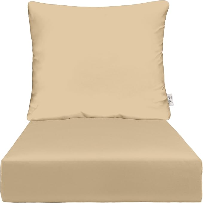 RSH DECOR: Deep Seating Cushion with Pillow Back | 24” x 27” Seat | All-Weather Spun Fabric | Water and Fade-Resistant | Outdoor Chair Cushion Set for Patio Furniture | Tan