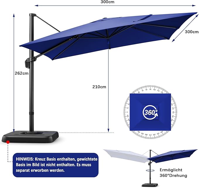 Hotime 10ft Patio Umbrella Outdoor Patio Windproof and Height adjustable, Heavy Duty Aluminum Square Offset Patio Umbrella Cantilever Pool Umbrella with 360°Rotation for Garden Deck, Dark Blue2