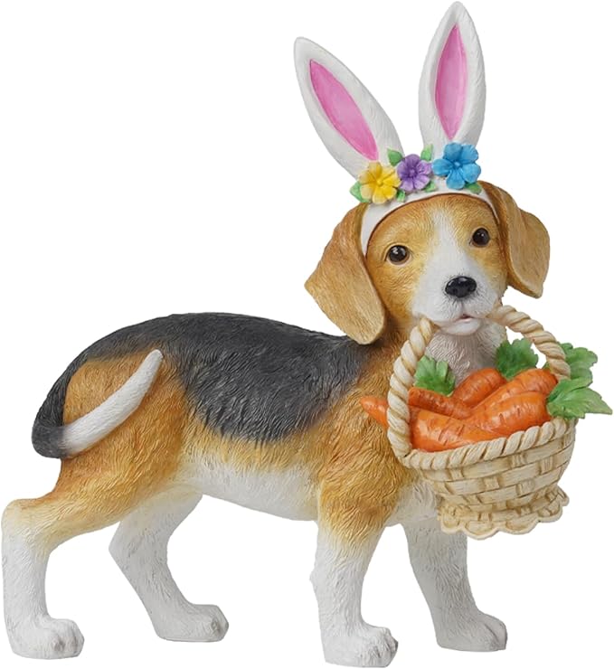 Cynkeyee Dog Garden Statue Decoration - Cute Puppy Beagle Statues with Bunny Ears Carrot Basket Figurines for Tabletop Self Floor Indoor Decor 11.5x4x10.5 inch