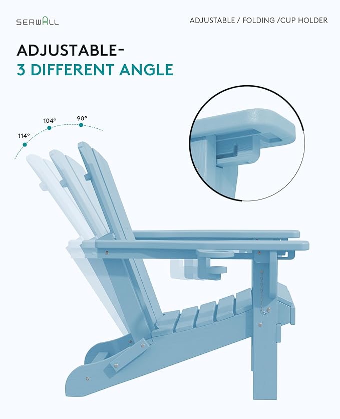 SERWALL Folding Adirondack Chair Set of 4, Adjustable Adirondack Chair with 3 Recline Positions, All Weather HDPE Outdoor Adirondack with Cup Holders, Light Blue