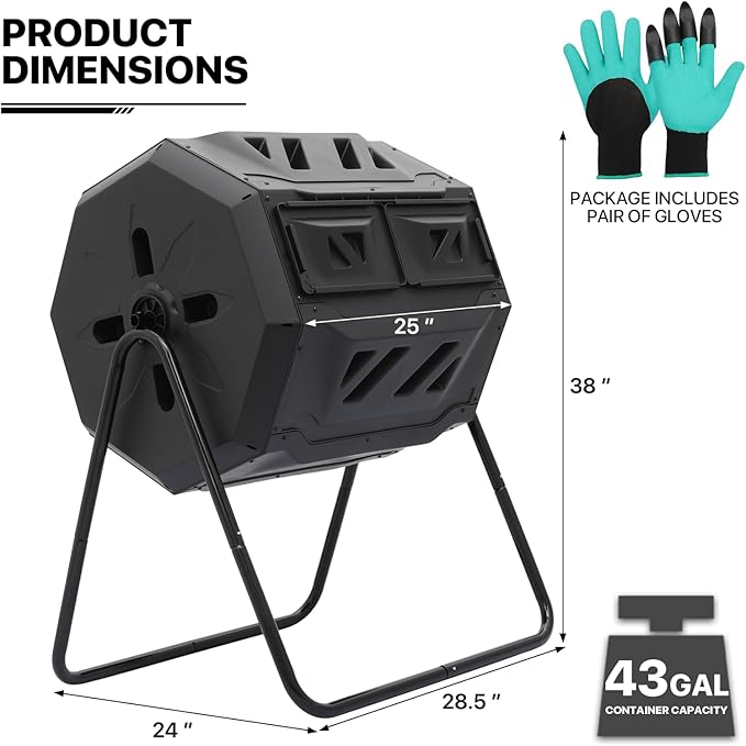 MoNiBloom 43 Gallon Compost Tumbler, Outdoor BPA Free Large Dual Chamber Tumbling Compost Bin All-Season Fast Working Tumbling Composter, High Volume Composter with 2 Sliding Doors