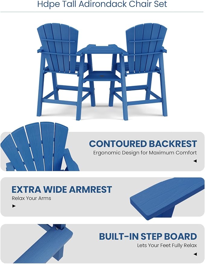 Ciokea Tall Adirondack Chairs Set of 2, HDPE Outdoor High Back Adirondack Chair with Double Connecting Tray, Weather Resistant Balcony Chairs for Deck, Lawn, Pool, Backyard, Navy Blue