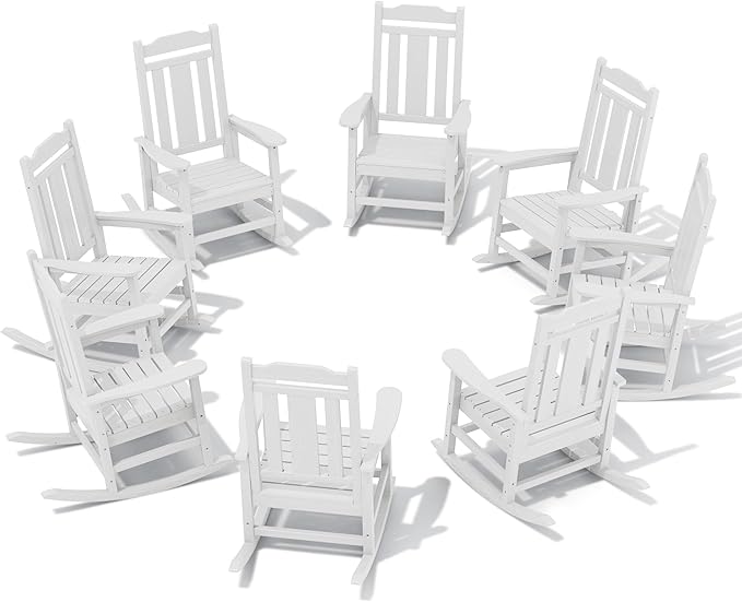 SERWALL Outdoor Rocking Chair White Set of 8, All Weather Patio Rocking Chair, HDPE Poly Rocking Chair for Adults, Heavy Duty Front Porch Rocker