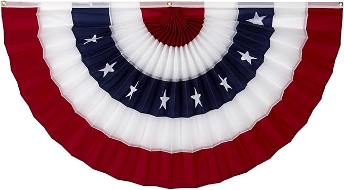 American Pleated Fan Flag Bunting. 100% Made in America by Old Glory Bunting. 3 x 6 ft Stars & Sewn Stripes USA Indoor/Outdoor Cotton Bunting Banner. Perfect for July 4th and America 250 events.