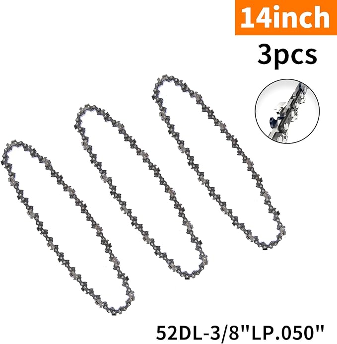 3Pcs 14 Inch Chainsaw Chain, 3/8" LP Pitch .050" Gauge 52 Drive Links,Replacement Chains for Portable Mini Chainsaw, Guide Saw Chain for Chainsaws (14"-52DL-3/8"LP .050"-3pcs)