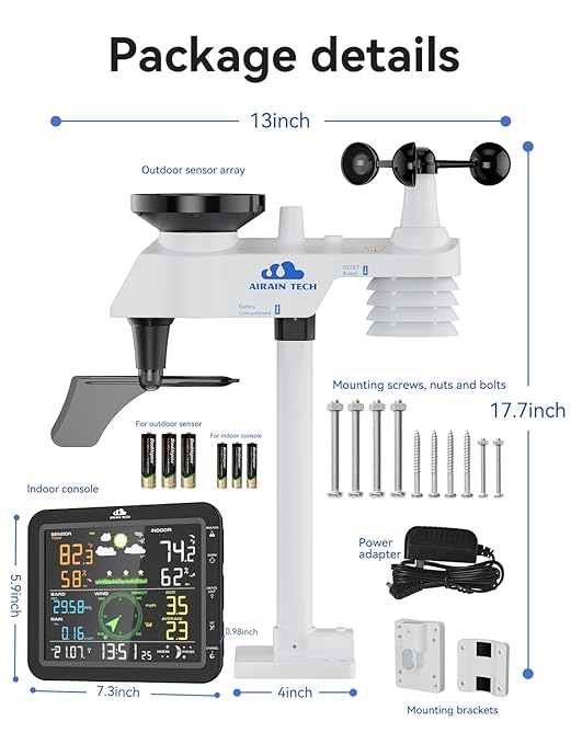 10-in-1 Wireless Weather Station with Outdoor Wireless Sensor,Radio Controlled Clock,Rain Gauge,Wind Speed/Direction,Moon Phase, Barometer,Temperature/Humidity,Weather Forecast (NO WiFi)