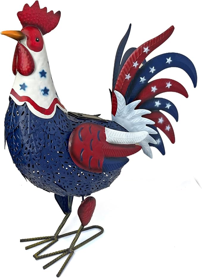 LIFFY Metal Rooster Yard Decor,18" Solar Powered Chicken Sculpture with Patriotic Flag, Weather-Resistant Garden Statue Outdoor for Garden, Patio, Lawn, Backyard