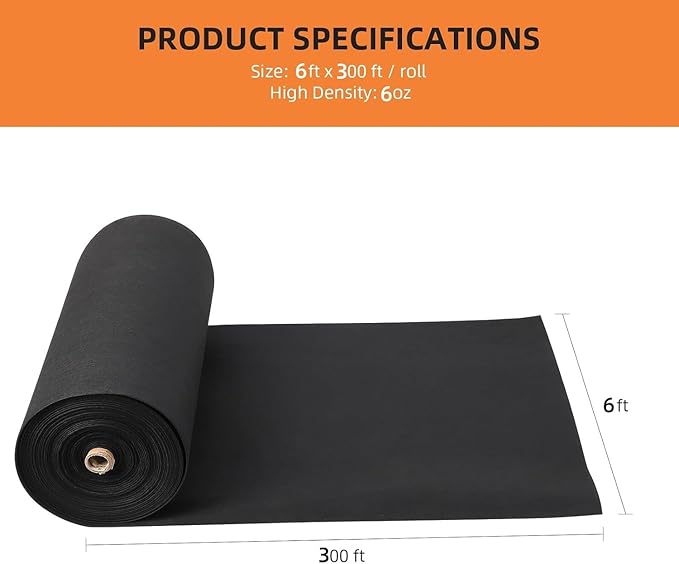 Towallmark Geotextile Landscape, 6ft x 300ft & 6oz Geotextile Fabric, PP Drainage 350N Tensile Strength & 440N Load Capacity, for Driveway & Road Stabilizationr, Erosion Control, French Drains